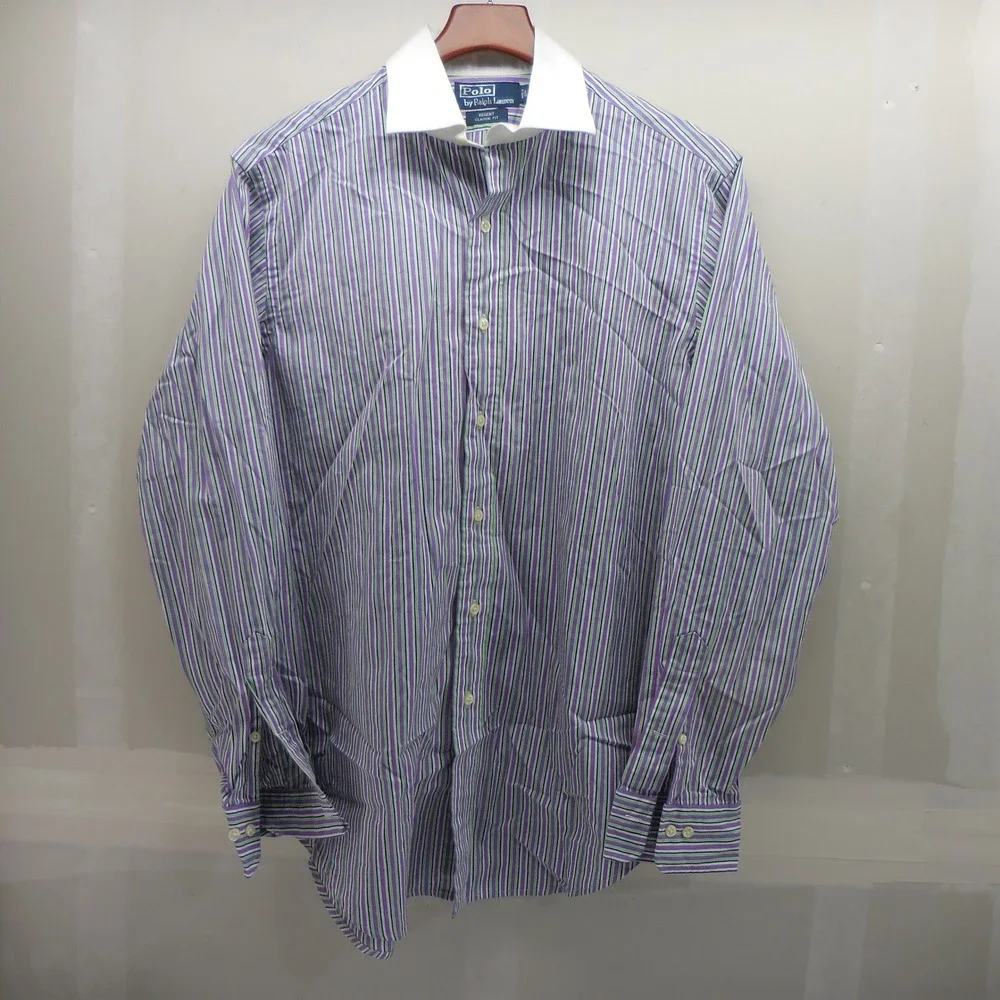 Polo Ralph Lauren Regent Classic Fit Striped Shirt Purple Green White 15.5 34/35